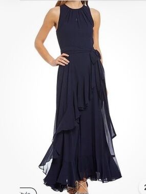 Alex Marie SZ 10P Colette Sleeveless Keyhole Neck Faux Wrap Maxi Navy Blue Dress